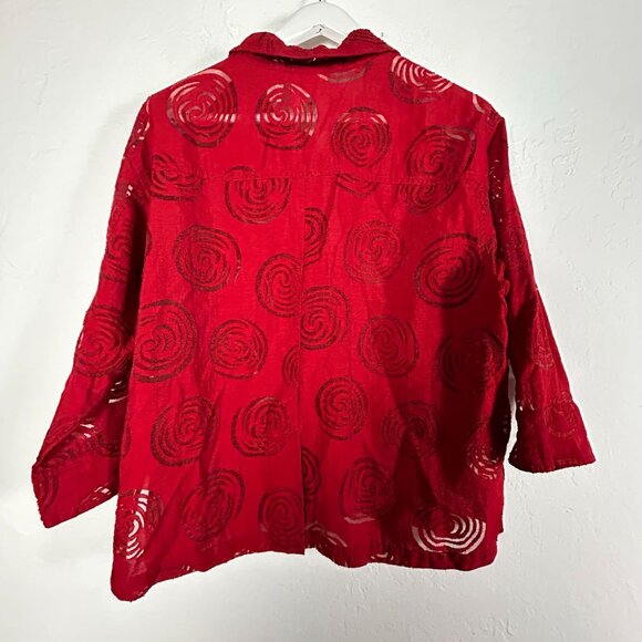 Chico's Design Womens Red Button-Up Sheer Spiral Pattern 3/4 Sleeve Shirt Size 3 - Picture 2 of 7
